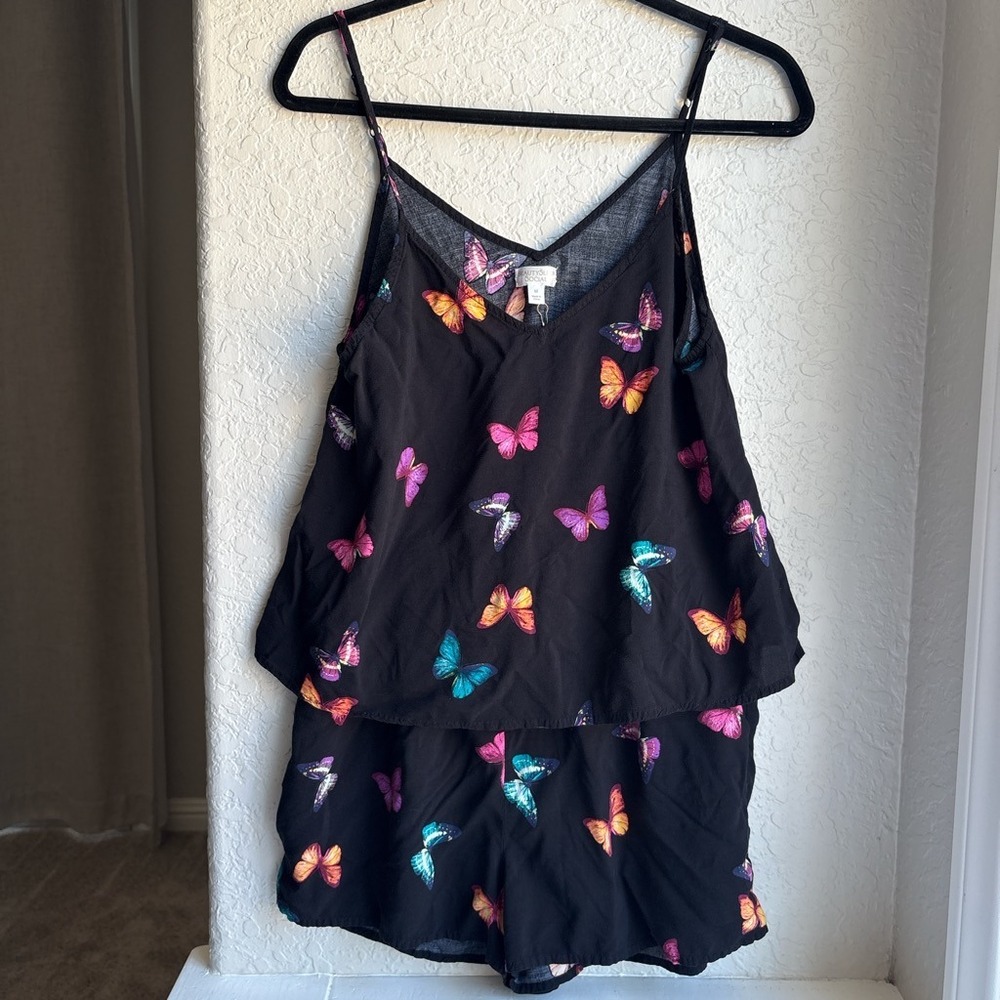 BeautySleep Social Butterfly Print Womens Medium Pajama Set‎ Black 2 Piece Rayon